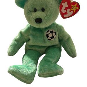 Rare 1998 TY Beanie Baby "Kicks" Green Soccer Bear Tag Errors Retired